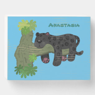 Cute jaguar black panther cat cartoon illustration wooden box sign