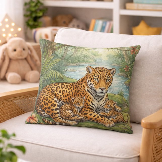 Cute Jaguar Mama And Cubs Jungle Animals  Throw Pillow (Creator Uploaded)