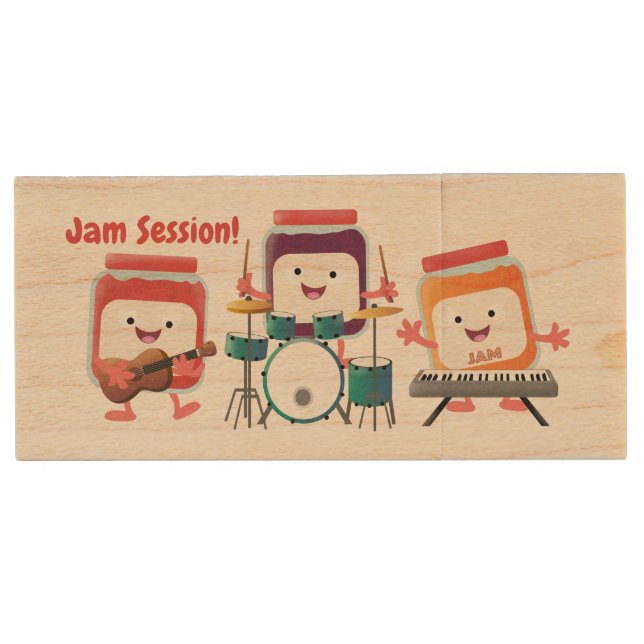 Cute jam session cartoon musician humour wood flash drive (Front)