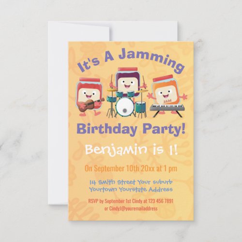 Cute jam session musician cartoon birthday invitation