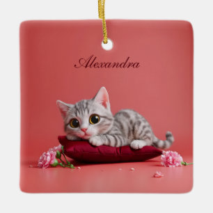 Cute January Cat with Carnations Ceramic Ornament