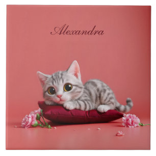 Cute January Cat with Carnations Ceramic Tile