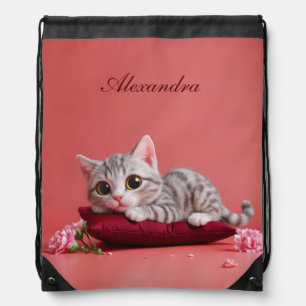 Cute January Cat with Carnations Drawstring Bag