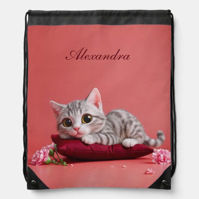 Cute January Cat with Carnations Drawstring Bag (Front)