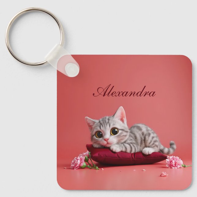 Cute January Cat with Carnations Keychain (Front)