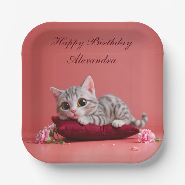 Cute January Cat with Carnations Paper Plates (Front)