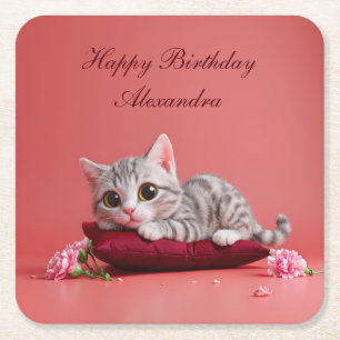 Cute January Cat with Carnations Square Paper Coaster