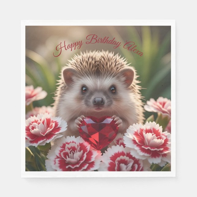 Cute January Hedgehog with Garnet Heart Napkins (Front)