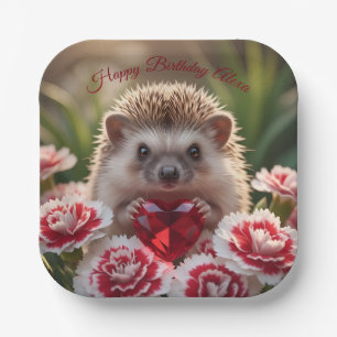 Cute January Hedgehog with Garnet Heart Paper Plates