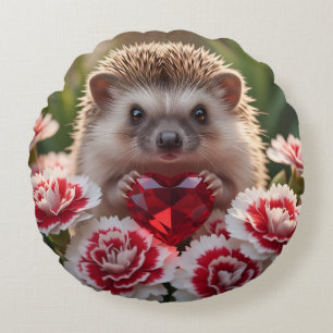 Cute January Hedgehog with Garnet Heart Round Pillow