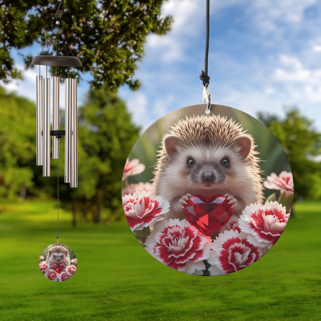 Cute January Hedgehog with Garnet Heart Wind Chime (Outdoor)