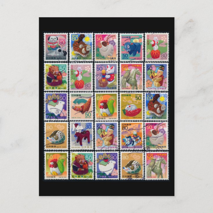 Cute Japan Year of Animal Stamp Pattern Postcard | Zazzle