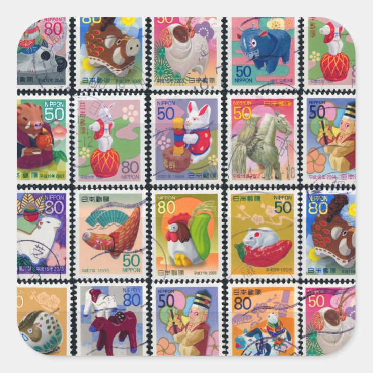 Cute Japan Year Of Animal Stamp Pattern Square Sticker 