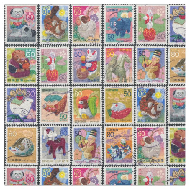 Cute Japan Year of Animal Stamps Pattern Fabric (Close Up)