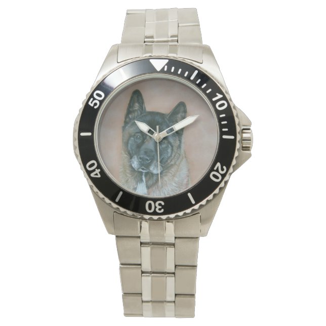 Cute Japanese akita black face dog portrait art Watch (Front)