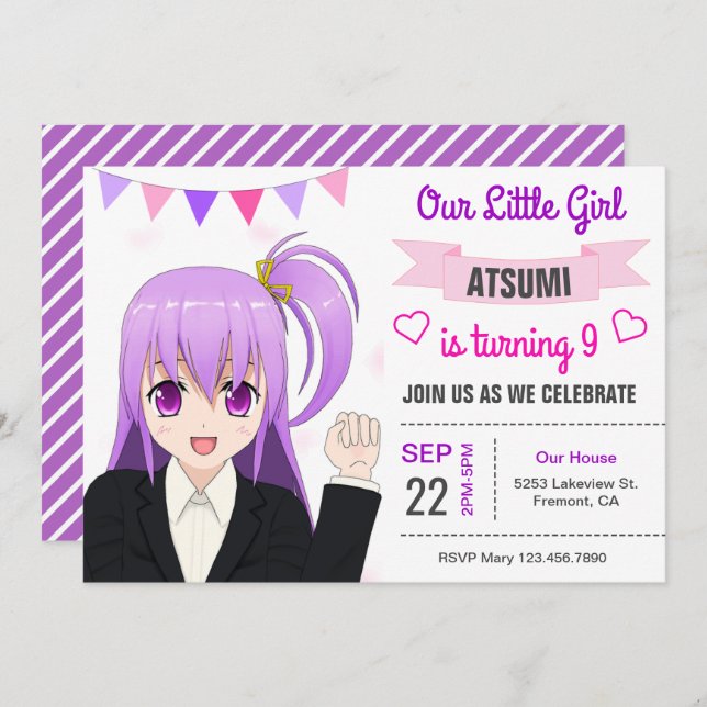 Cute Japanese Anime Girl Birthday Party Invitation (Front/Back)