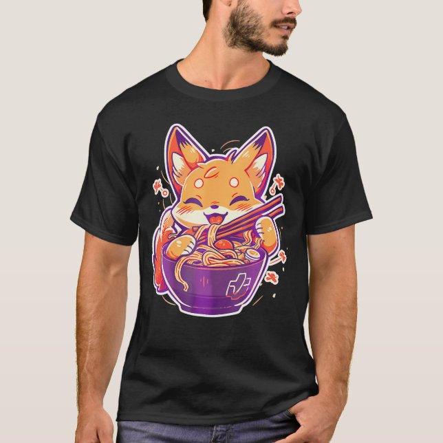 Cute Japanese Anime Kawaii Fox Eating Ramen Girls  T-Shirt (Front)