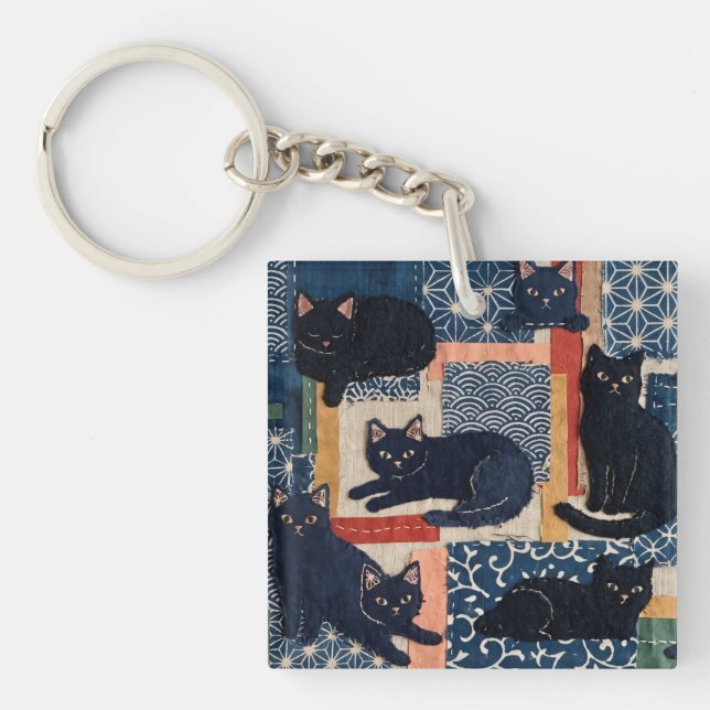 Cute Japanese Black Cats Patchwork  Keychain (Front)