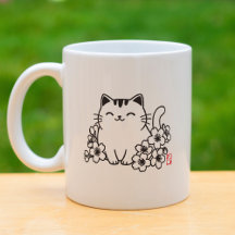 Cute Japanese Cat and Sakura with "Neko" Stamp