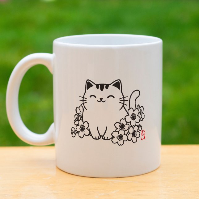 Cute Japanese Cat and Sakura with "Neko" Stamp Coffee Mug (Creator Uploaded)