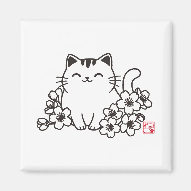 Cute Japanese Cat and Sakura with "Neko" Stamp Magnet (Front)