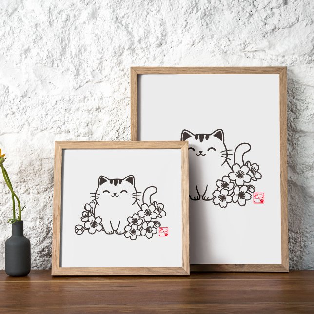 Cute Japanese Cat and Sakura with "Neko" Stamp Poster (Creator Uploaded)
