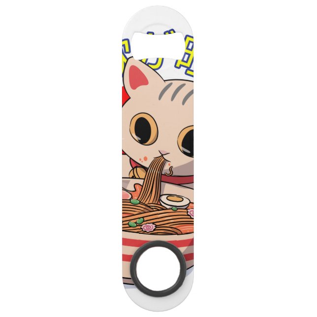 Cute Japanese Cat Eating Noodles with Chopsticks Bar Key (Front)