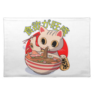 Cute Japanese Cat Eating Noodles with Chopsticks Cloth Placemat