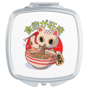 Cute Japanese Cat Eating Noodles with Chopsticks Compact Mirror