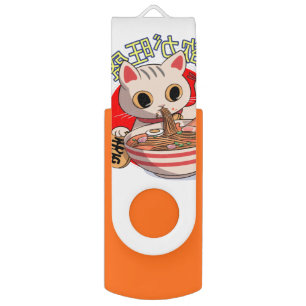 Cute Japanese Cat Eating Noodles with Chopsticks Flash Drive