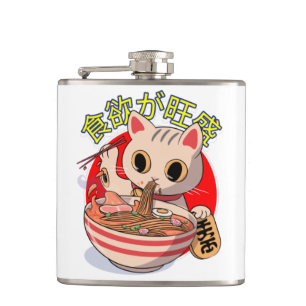 Cute Japanese Cat Eating Noodles with Chopsticks Flask