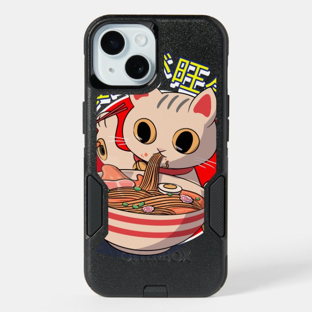Cute Japanese Cat Eating Noodles with Chopsticks iPhone 15 Case (Back)