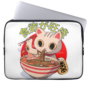 Cute Japanese Cat Eating Noodles with Chopsticks Laptop Sleeve