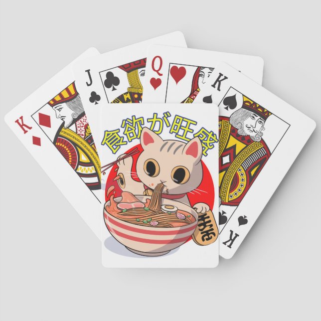 Cute Japanese Cat Eating Noodles with Chopsticks Poker Cards (Back)