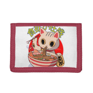Cute Japanese Cat Eating Noodles with Chopsticks Tri-fold Wallet