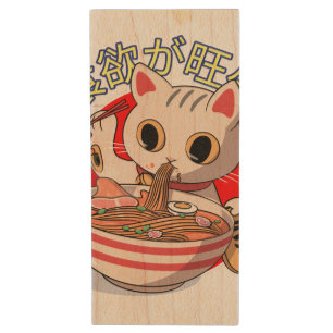 Cute Japanese Cat Eating Noodles with Chopsticks Wood Flash Drive