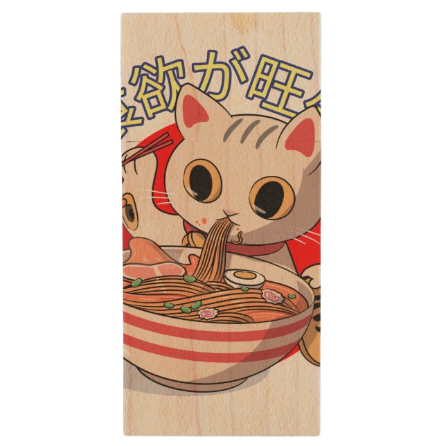 Cute Japanese Cat Eating Noodles with Chopsticks Wood Flash Drive (Front Vertical)