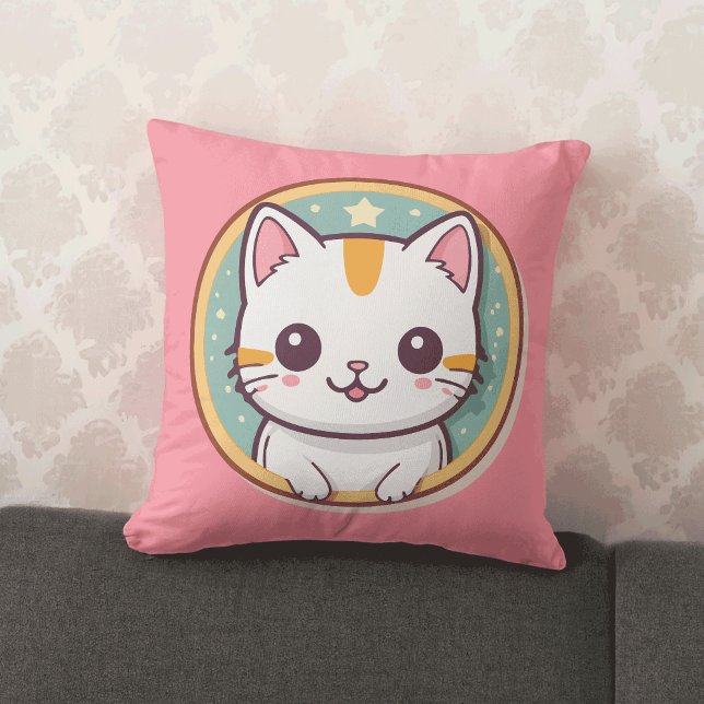 Cute Japanese Cat Kawaii Kitten Throw Pillow (Creator Uploaded)