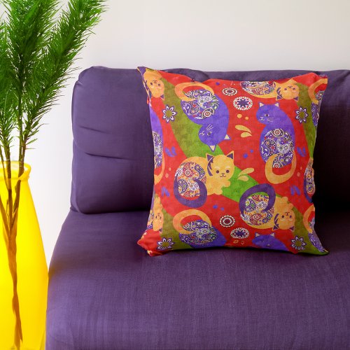 Cute Japanese Cats Red Purple and Green Throw Pillow