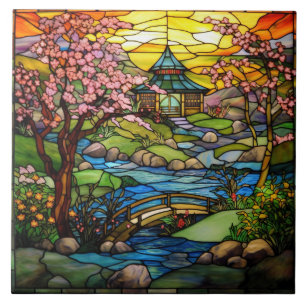 cute Japanese Garden faux stained glass  Ceramic Tile