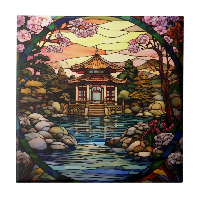 cute Japanese Garden faux stained glass Ceramic Tile (Front)