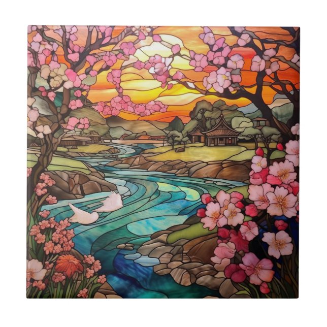 cute Japanese Garden faux stained glass  Ceramic Tile (Front)