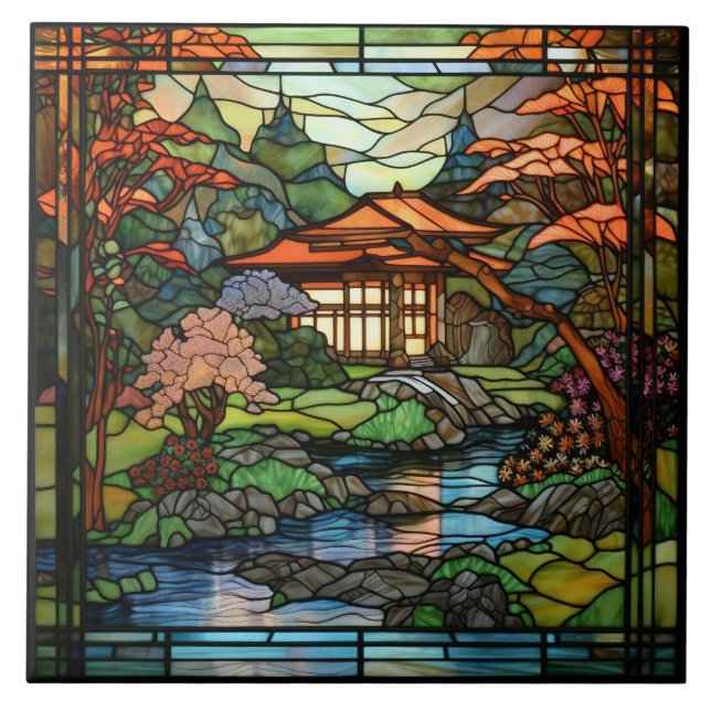 cute Japanese Garden faux stained glass  Ceramic Tile (Front)
