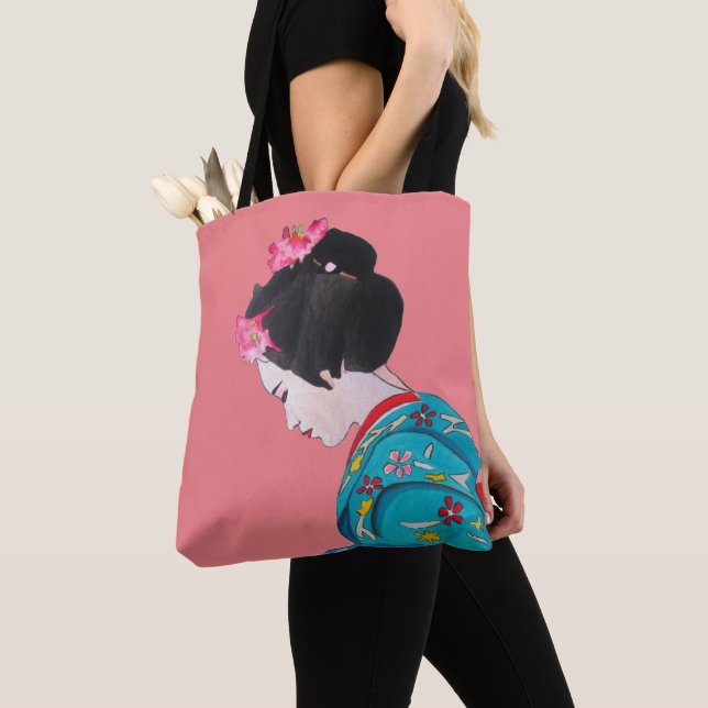 Cute Japanese Geisha art with pink cherry blossom Tote Bag (Close Up)