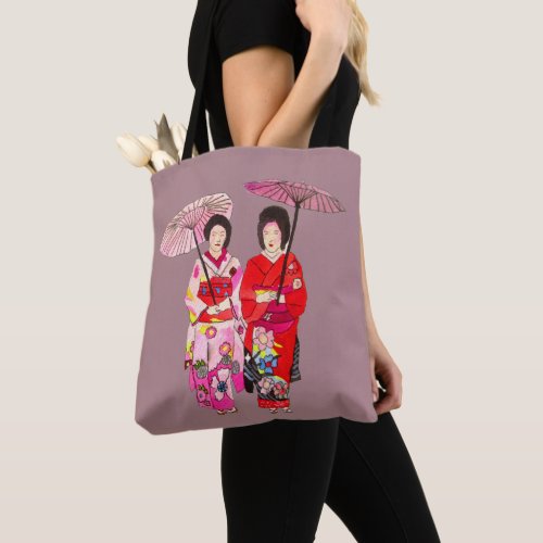 Cute Japanese Geisha art with pink kimono Tote Bag