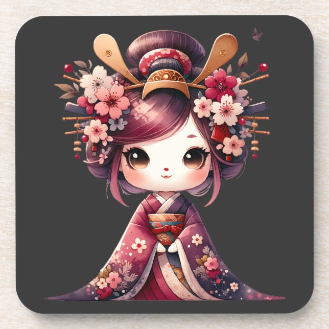 Cute Japanese Geisha Beverage Coaster (Front)