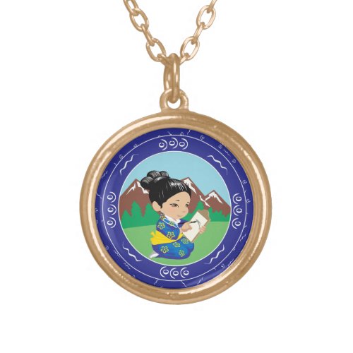 Cute Japanese Girl Painting Landscape Blue Gold Plated Necklace