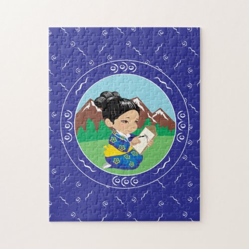 Cute Japanese Girl Painting Landscape Blue Jigsaw Puzzle