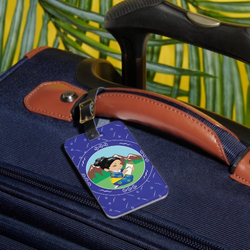 Cute Japanese Girl Painting Landscape Blue Luggage Tag