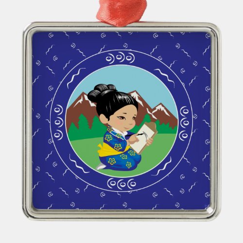 Cute Japanese Girl Painting Landscape Blue Metal Ornament